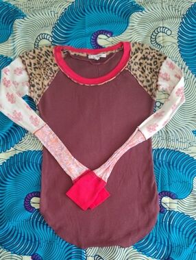 Free People Patchwork Long Sleeve Top in Burgundy and Hot Pink Accents